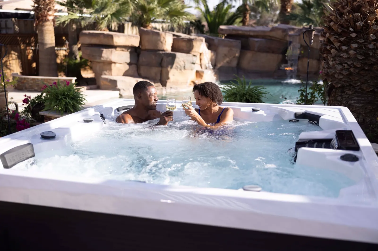 Hot tub glowing on a patio on a crisp autumn evening